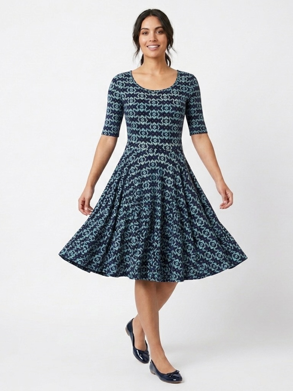 LuLaRoe Navy and Teal Printed Fit-and-Flare Midi Dress